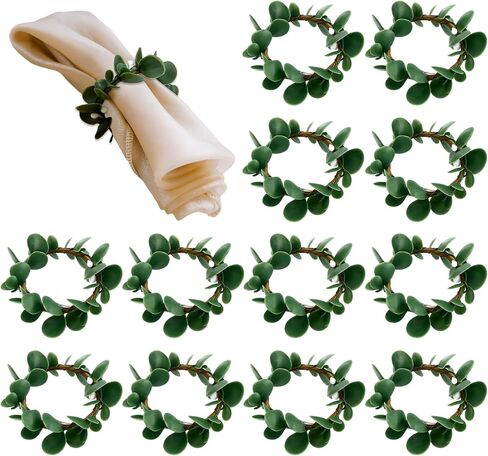 12 قطعة من حلقات مناديل أوراق الأوكالبتوس، حلقات مناديل بوهو، حامل مناديل المزرعة الخضراء لتزيين طاولة الطعام وحفلات الزفاف والكريسماس in Kuwait