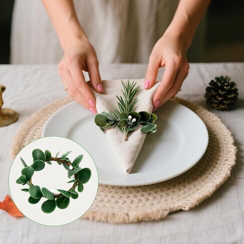 12 قطعة من حلقات مناديل أوراق الأوكالبتوس، حلقات مناديل بوهو، حامل مناديل المزرعة الخضراء لتزيين طاولة الطعام وحفلات الزفاف والكريسماس in Kuwait