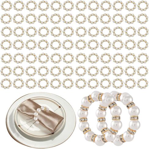120PCS Gold Pearl Napkin Rings, Rhinestone Beaded Elastic Napkin Ring Holders for Cloth Napkins, Elegant Wedding Reception Table Decor for Bridal Shower, Thanksgiving, Christmas Dinner Parties in Kuwait