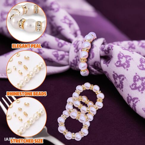 120PCS Gold Pearl Napkin Rings, Rhinestone Beaded Elastic Napkin Ring Holders for Cloth Napkins, Elegant Wedding Reception Table Decor for Bridal Shower, Thanksgiving, Christmas Dinner Parties in Kuwait