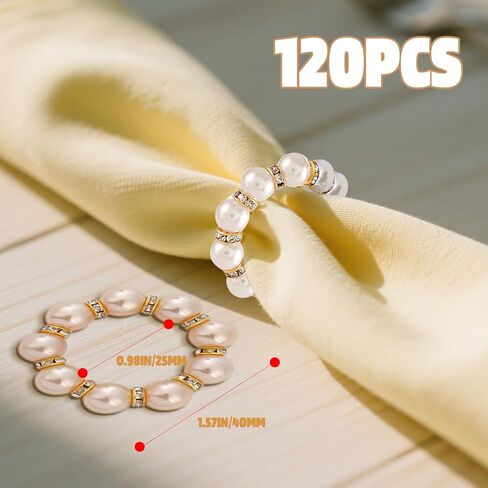 120PCS Gold Pearl Napkin Rings, Rhinestone Beaded Elastic Napkin Ring Holders for Cloth Napkins, Elegant Wedding Reception Table Decor for Bridal Shower, Thanksgiving, Christmas Dinner Parties in Kuwait