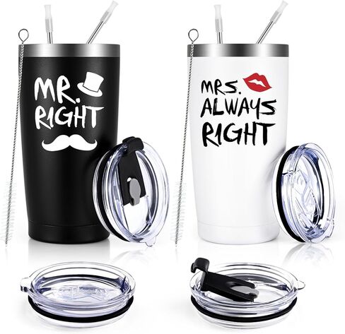 Qtencas Mr. Right Mrs. Always Right Travel Tumbler Set, Wedding Engagement Gifts for Husband Wife Newlywed Couples Bride Groom Anniversary, 20oz Stainless Steel Insulated Tumbler, Black and Mint in Saudi Arabia