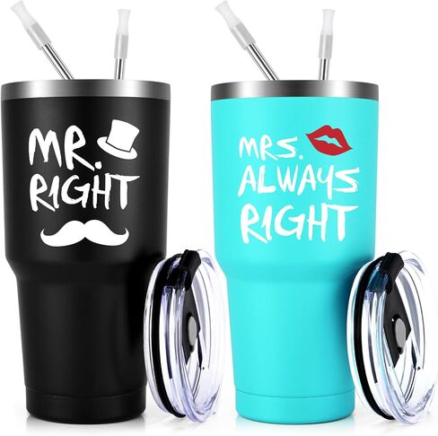 Qtencas Mr. Right Mrs. Always Right Travel Tumbler Set, Wedding Engagement Gifts for Husband Wife Newlywed Couples Bride Groom Anniversary, 20oz Stainless Steel Insulated Tumbler, Black and Mint in Saudi Arabia
