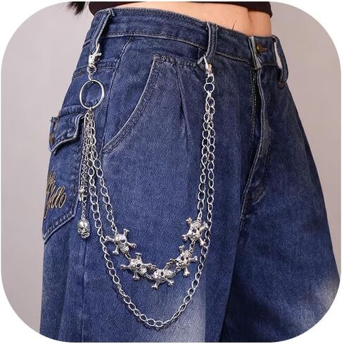 Gothic Skull Wallet Chain for Men Women – Heavy Alloy Double Layer Pants Chain with Spider, Cross & Skull Charms, Punk Biker Streetwear Accessory in Saudi Arabia