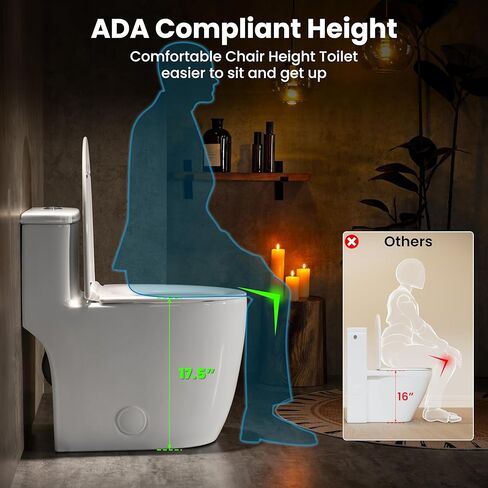مرحاض Casta Diva قطعة واحدة ممدود مع مقعد كرسي مريح بارتفاع 17.5 بوصة ADA، مراحيض حديثة مدمجة للحمام، تدفق مزدوج عالي الكفاءة 1.0/1.28 GPF & MAP 1000 جرام، 12 بوصة خشنة، أبيض in Kuwait