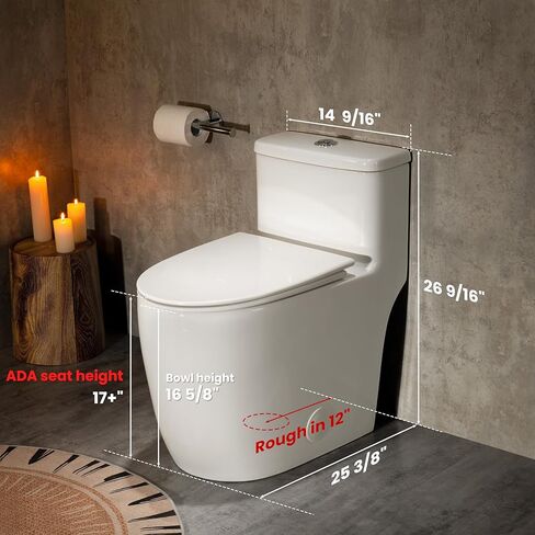 مرحاض Casta Diva قطعة واحدة ممدود مع مقعد كرسي مريح بارتفاع 17.5 بوصة ADA، مراحيض حديثة مدمجة للحمام، تدفق مزدوج عالي الكفاءة 1.0/1.28 GPF & MAP 1000 جرام، 12 بوصة خشنة، أبيض in Kuwait