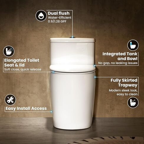 مرحاض Casta Diva قطعة واحدة ممدود مع مقعد كرسي مريح بارتفاع 17.5 بوصة ADA، مراحيض حديثة مدمجة للحمام، تدفق مزدوج عالي الكفاءة 1.0/1.28 GPF & MAP 1000 جرام، 12 بوصة خشنة، أبيض in Kuwait