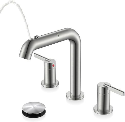 KENES Widespread Bathroom Faucet with Sprayer, Brushed Nickel Bathroom Sink Faucet with Pull Down Sprayer, 8 Inch 3 Hole Pull Out Bathroom Faucet with Pop Up Drain & Supply Lines LJ-9058A in Saudi Arabia