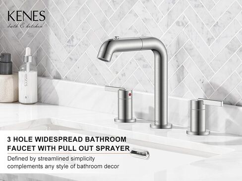 KENES Widespread Bathroom Faucet with Sprayer, Brushed Nickel Bathroom Sink Faucet with Pull Down Sprayer, 8 Inch 3 Hole Pull Out Bathroom Faucet with Pop Up Drain & Supply Lines LJ-9058A in Saudi Arabia