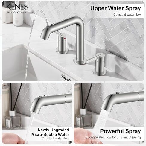 KENES Widespread Bathroom Faucet with Sprayer, Brushed Nickel Bathroom Sink Faucet with Pull Down Sprayer, 8 Inch 3 Hole Pull Out Bathroom Faucet with Pop Up Drain & Supply Lines LJ-9058A in Saudi Arabia