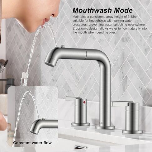 KENES Widespread Bathroom Faucet with Sprayer, Brushed Nickel Bathroom Sink Faucet with Pull Down Sprayer, 8 Inch 3 Hole Pull Out Bathroom Faucet with Pop Up Drain & Supply Lines LJ-9058A in Saudi Arabia