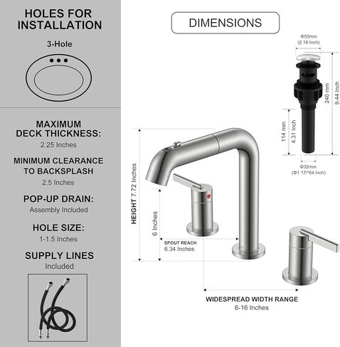 KENES Widespread Bathroom Faucet with Sprayer, Brushed Nickel Bathroom Sink Faucet with Pull Down Sprayer, 8 Inch 3 Hole Pull Out Bathroom Faucet with Pop Up Drain & Supply Lines LJ-9058A in Saudi Arabia