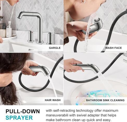 KENES Widespread Bathroom Faucet with Sprayer, Brushed Nickel Bathroom Sink Faucet with Pull Down Sprayer, 8 Inch 3 Hole Pull Out Bathroom Faucet with Pop Up Drain & Supply Lines LJ-9058A in Saudi Arabia