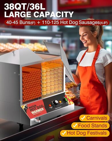 WantJoin Commercial Hot Dog Steamer - 38QT/36L Electric Hot Dog Steamer and Bun Warmer, Stainless Steel Hot Dog Cabinet with Tempered Glass 200-275 Sausages & 40-45 Buns in Saudi Arabia