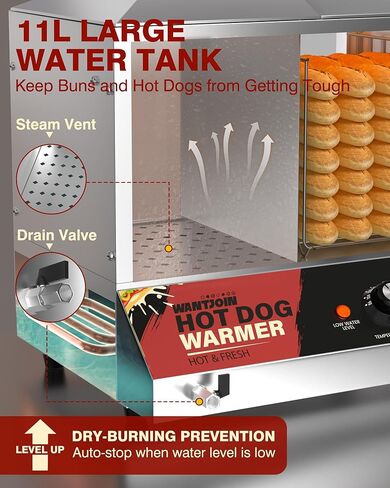 WantJoin Commercial Hot Dog Steamer - 38QT/36L Electric Hot Dog Steamer and Bun Warmer, Stainless Steel Hot Dog Cabinet with Tempered Glass 200-275 Sausages & 40-45 Buns in Saudi Arabia