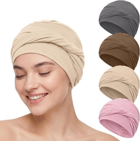 Zhengmy 4 PCS Chemo Beanies Hats للنساء عقدة رئيسية ممسة برأس عمامة مرنة لفائف لمرضى تساقط الشعر للسرطان متعددة الألوان in Saudi Arabia