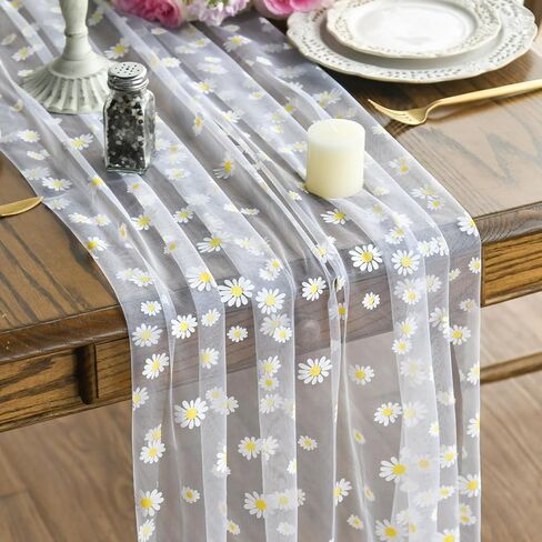 Artoid Mode White Daisy Gauze Table Runner 120 Inch 10FT, Seasonal Sheer Dining Wedding Holiday Birthday Table Decor for Home Party in Saudi Arabia
