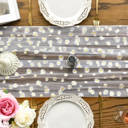 Artoid Mode White Daisy Gauze Table Runner 120 Inch 10FT, Seasonal Sheer Dining Wedding Holiday Birthday Table Decor for Home Party in Saudi Arabia