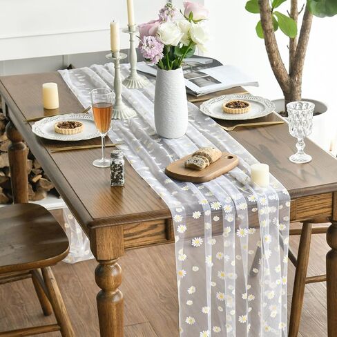 Artoid Mode White Daisy Gauze Table Runner 120 Inch 10FT, Seasonal Sheer Dining Wedding Holiday Birthday Table Decor for Home Party in Saudi Arabia
