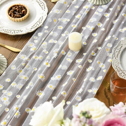 Artoid Mode White Daisy Gauze Table Runner 120 Inch 10FT, Seasonal Sheer Dining Wedding Holiday Birthday Table Decor for Home Party in Saudi Arabia