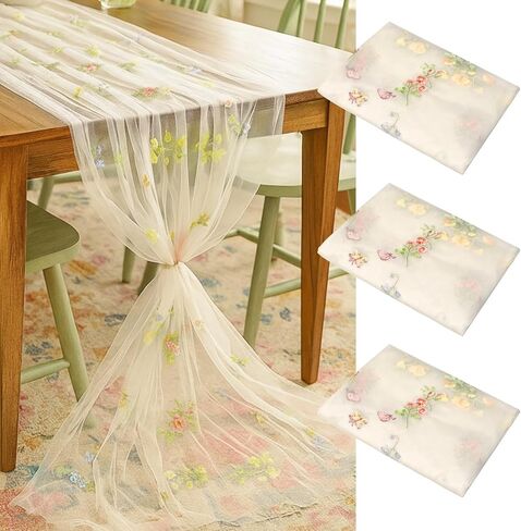 Lounsweer 3 Pcs Wildflower Table Runner 10ft/ 29 Inch x 120 Inch White Embroidery Wildflower Spring Summer Tulle Lace Runner for Table Wedding Bridal Baby Shower Holiday Dining Decor DIY in Saudi Arabia