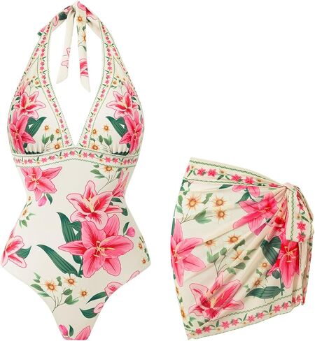 SherryDC Women's Sexy V Neck One Piece Swimsuit with Cover up Wrap Skirt Sarong Tummy Control Bathing Suit Swimwear in Saudi Arabia