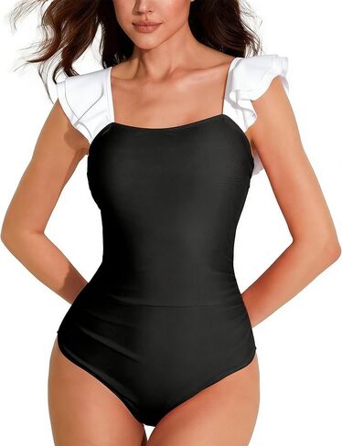 AJISAI One Piece Swimsuit for Women Ruffle Tummy Control Ruched Bathing Suit Backless Padded Swimwear in Kuwait