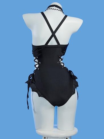 haikyuu Women MisaMisa Goth One Piece Swimsuit Wtih Necklace Bat Ruffle Bathing Suit Gothic Swimwear in Saudi Arabia