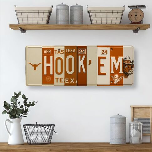 Texas Longhorns Hook Em Horns License Plate Sign - Metal Wall Art 16x6 Inch Aluminum - Burnt Orange White - SEC Fan Cave Dorm Room Decor UT - UV-Resistant Ready to Hang College Wall Sign in Saudi Arabia