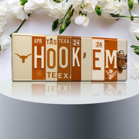 Texas Longhorns Hook Em Horns License Plate Sign - Metal Wall Art 16x6 Inch Aluminum - Burnt Orange White - SEC Fan Cave Dorm Room Decor UT - UV-Resistant Ready to Hang College Wall Sign in Saudi Arabia
