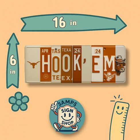 Texas Longhorns Hook Em Horns License Plate Sign - Metal Wall Art 16x6 Inch Aluminum - Burnt Orange White - SEC Fan Cave Dorm Room Decor UT - UV-Resistant Ready to Hang College Wall Sign in Saudi Arabia