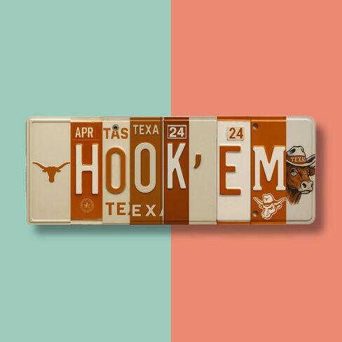 Texas Longhorns Hook Em Horns License Plate Sign - Metal Wall Art 16x6 Inch Aluminum - Burnt Orange White - SEC Fan Cave Dorm Room Decor UT - UV-Resistant Ready to Hang College Wall Sign in Saudi Arabia