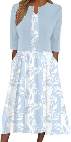 XNC Womens 2 Piece Set Fashion Fresh Plant Print Midi Dress V-Neck Half Sleeve with Jacket A-line Dresses Lounge Outfits in Saudi Arabia