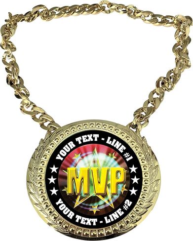 Express Medals Custom MVP Most Valuable Player Champ Chain Trophy with 2 Lines of Personalized Text on a Large Rigid Plastic Award Medal and 34 Inch Long Gold Color Neck Chain. MY456 in Saudi Arabia