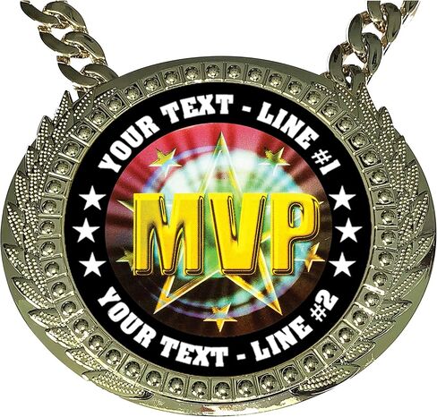 Express Medals Custom MVP Most Valuable Player Champ Chain Trophy with 2 Lines of Personalized Text on a Large Rigid Plastic Award Medal and 34 Inch Long Gold Color Neck Chain. MY456 in Saudi Arabia