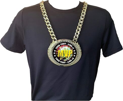 Express Medals Custom MVP Most Valuable Player Champ Chain Trophy with 2 Lines of Personalized Text on a Large Rigid Plastic Award Medal and 34 Inch Long Gold Color Neck Chain. MY456 in Saudi Arabia