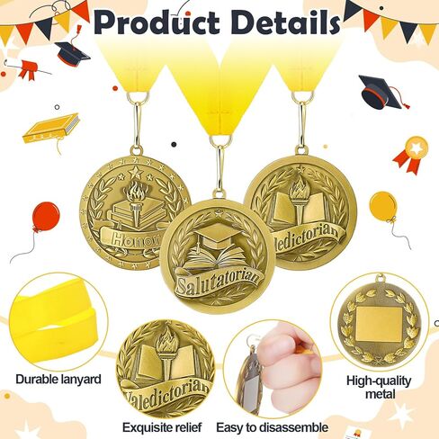 Kigeli 3 Pcs Graduation Award Medals Valedictorian Salutatorian Honor Award Medal with Neck Ribbon Graduation Medallion Trophy Prize Gift for School Education Academics Celebration Recognition Party in Saudi Arabia