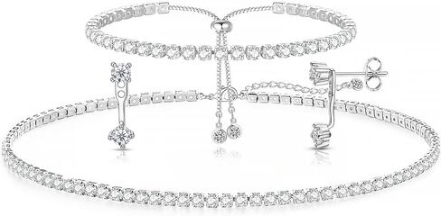 Luxval Tennis Necklace Set for Women Tennis Bracelets Diamond Earrings Sterling Silver Necklace Wedding Jewelry for Bride Silver Jewelry Sets for Women Gift in Kuwait