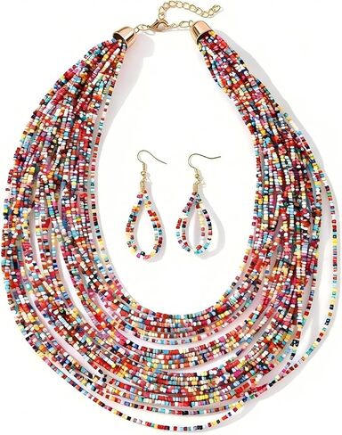 متعدد الطبقات مطرز قلادة قلادة بوهو الطبقات الخرز الخشبي قلادة للنساء الأزياء والمجوهرات in Kuwait