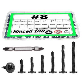 180pcs #8 Sheet Metal Screws Assortment Kit,Hincell 410 Stainless Steel Self Tapping Screws for Metal,Self Drilling Screw, 6 Sizes (1/2", 5/8", 3/4", 1", 1-1/4", 1-1/2") -Black in Kuwait