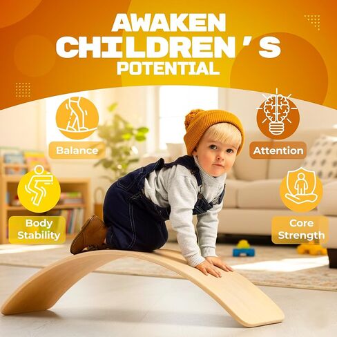 لوح تمايل خشبي للأطفال، لعبة تعلم والدورف مفتوحة النهاية للعب في الأماكن المغلقة، لوحة التوازن للبالغين | لوح هزاز متعرج لتدريب التوازن الأساسي لليوجا والتمارين الداخلية، ألعاب مونتيسوري in Kuwait