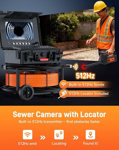 كاميرا مجاري مقاس 10 بوصات مع محدد موقع وعجلات، وكاميرا سباكة ذاتية التسوية وعداد مسافة وتكبير 5X - كاميرا فحص الأنابيب بزاوية 145 درجة مع أضواء وشاشة IPS بدقة 1080 بكسل ومسجل فيديو رقمي بسعة 32 جيجابايت (7 مم - 200 قدم / 60 مترًا) in Kuwait