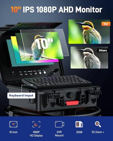 كاميرا مجاري مقاس 10 بوصات مع محدد موقع وعجلات، وكاميرا سباكة ذاتية التسوية وعداد مسافة وتكبير 5X - كاميرا فحص الأنابيب بزاوية 145 درجة مع أضواء وشاشة IPS بدقة 1080 بكسل ومسجل فيديو رقمي بسعة 32 جيجابايت (7 مم - 200 قدم / 60 مترًا) in Kuwait