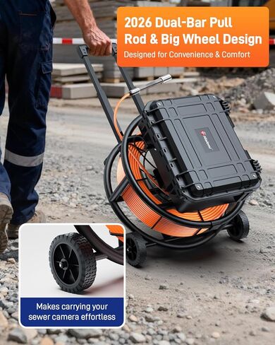 كاميرا مجاري مقاس 10 بوصات مع محدد موقع وعجلات، وكاميرا سباكة ذاتية التسوية وعداد مسافة وتكبير 5X - كاميرا فحص الأنابيب بزاوية 145 درجة مع أضواء وشاشة IPS بدقة 1080 بكسل ومسجل فيديو رقمي بسعة 32 جيجابايت (7 مم - 200 قدم / 60 مترًا) in Kuwait