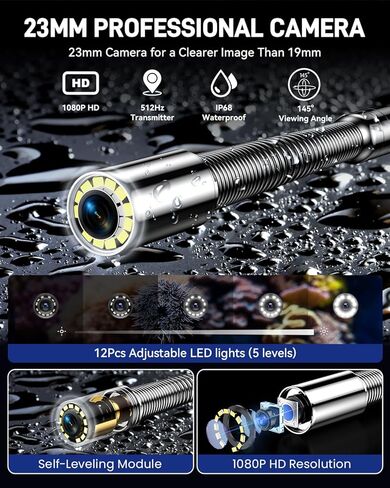 كاميرا مجاري مقاس 10 بوصات مع محدد موقع وعجلات، وكاميرا سباكة ذاتية التسوية وعداد مسافة وتكبير 5X - كاميرا فحص الأنابيب بزاوية 145 درجة مع أضواء وشاشة IPS بدقة 1080 بكسل ومسجل فيديو رقمي بسعة 32 جيجابايت (7 مم - 200 قدم / 60 مترًا) in Kuwait