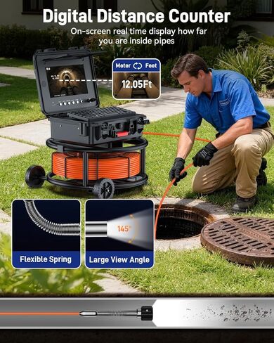 كاميرا مجاري مقاس 10 بوصات مع محدد موقع وعجلات، وكاميرا سباكة ذاتية التسوية وعداد مسافة وتكبير 5X - كاميرا فحص الأنابيب بزاوية 145 درجة مع أضواء وشاشة IPS بدقة 1080 بكسل ومسجل فيديو رقمي بسعة 32 جيجابايت (7 مم - 200 قدم / 60 مترًا) in Kuwait