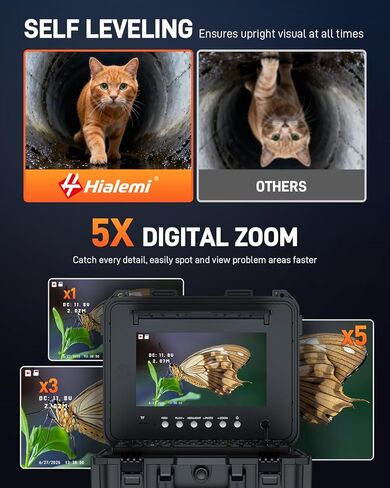 كاميرا مجاري مقاس 10 بوصات مع محدد موقع وعجلات، وكاميرا سباكة ذاتية التسوية وعداد مسافة وتكبير 5X - كاميرا فحص الأنابيب بزاوية 145 درجة مع أضواء وشاشة IPS بدقة 1080 بكسل ومسجل فيديو رقمي بسعة 32 جيجابايت (7 مم - 200 قدم / 60 مترًا) in Kuwait