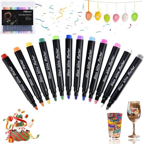 أقلام تحديد زجاجية نبيذ أكريليك 12 لونًا - طرف رفيع، آمنة للاستخدام في غسالة الأطباق وآمنة على الطعام، أقلام طلاء غير سامة للحفلات وحفلات الزفاف والحرف الخزفية in Kuwait