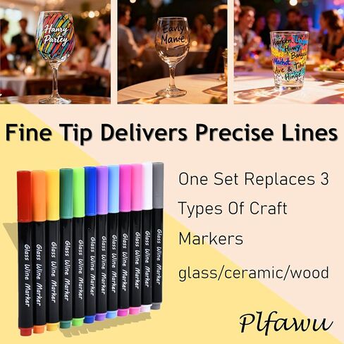 أقلام تحديد زجاجية نبيذ أكريليك 12 لونًا - طرف رفيع، آمنة للاستخدام في غسالة الأطباق وآمنة على الطعام، أقلام طلاء غير سامة للحفلات وحفلات الزفاف والحرف الخزفية in Kuwait