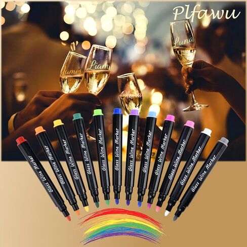 أقلام تحديد زجاجية نبيذ أكريليك 12 لونًا - طرف رفيع، آمنة للاستخدام في غسالة الأطباق وآمنة على الطعام، أقلام طلاء غير سامة للحفلات وحفلات الزفاف والحرف الخزفية in Kuwait